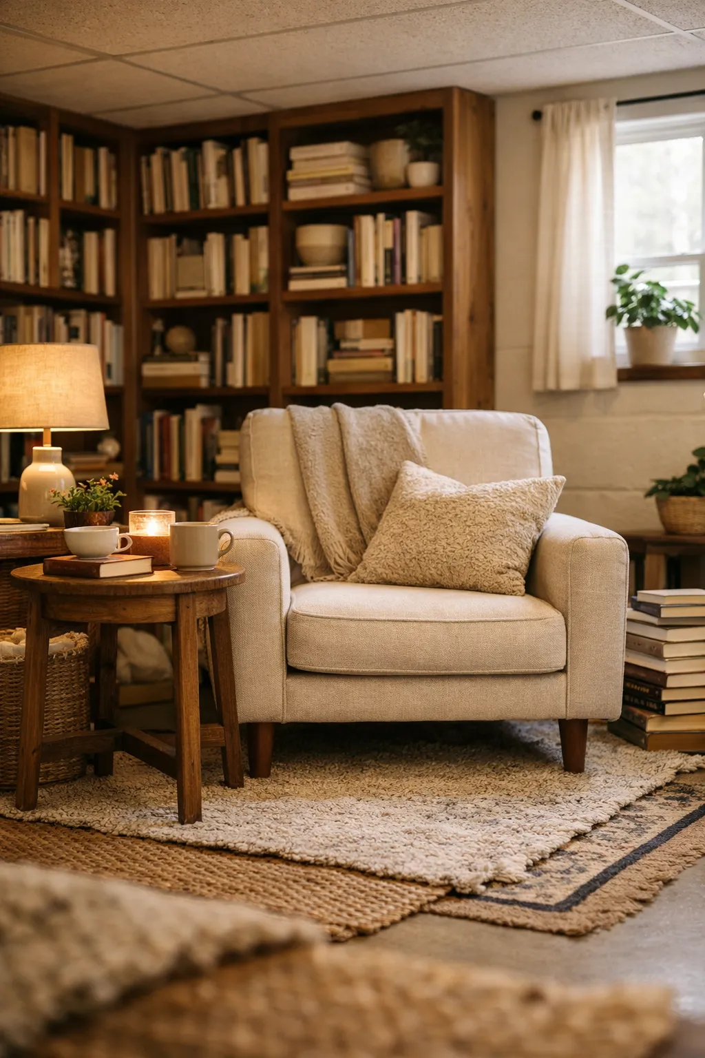 A cozy Animal Crossing basement styled as a reading retreat with bookshelves, warm seating, and soft decor.