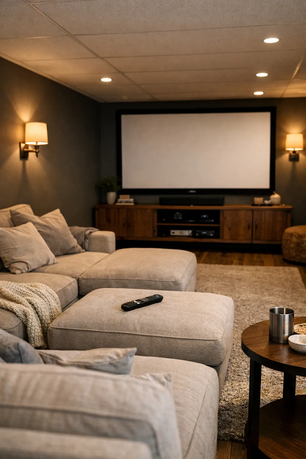 A dark moody basement home theater with plush seating, layered lighting, and a large screen wall.