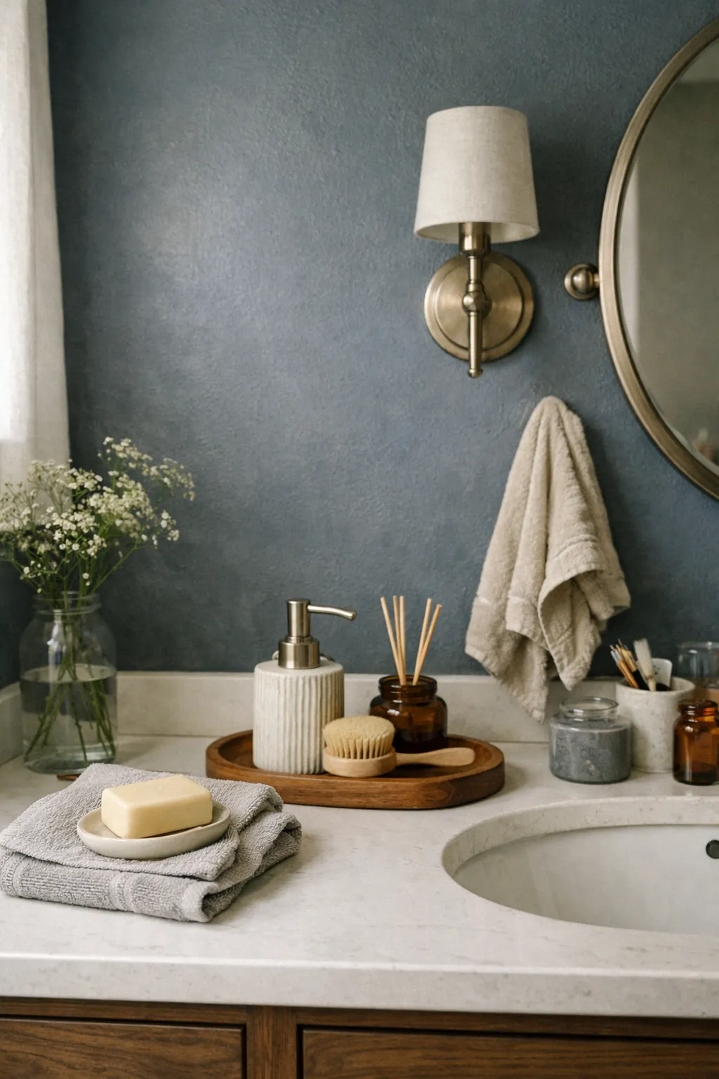 A bathroom with deep blue-gray painted walls, white fixtures, soft lighting, and a calm moody atmosphere.