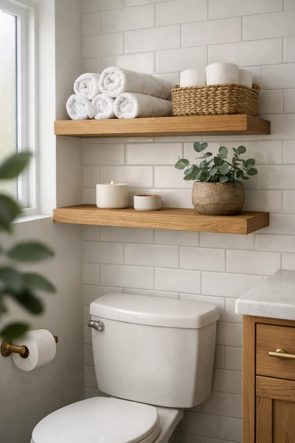 Small bathroom with wooden floating shelves above the toilet holding towels and woven baskets.
