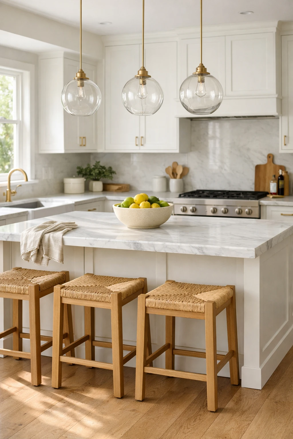 Clear glass globe pendant lights hanging over a white kitchen island with oak flooring