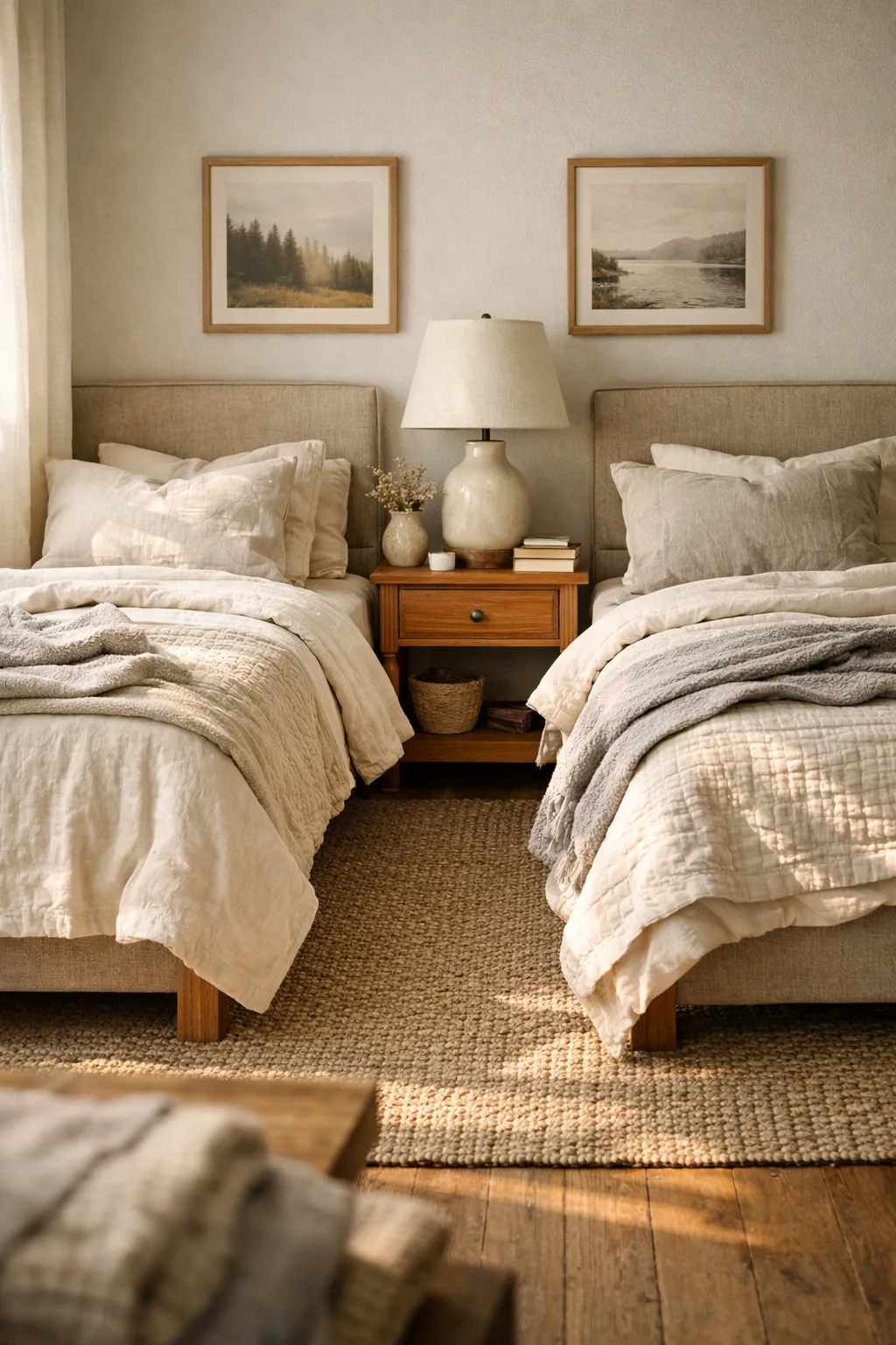 Two matching twin beds create a calm and cozy guest room with balanced decor and soft neutral bedding.