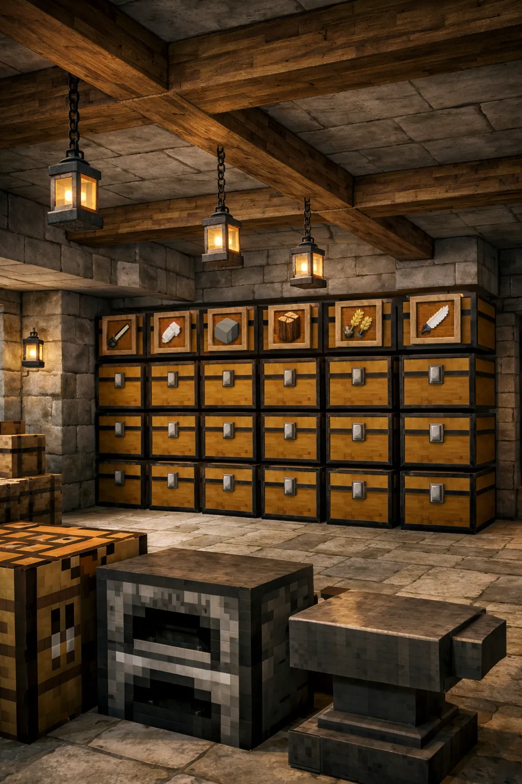 organized Minecraft basement with chest walls and lantern lighting