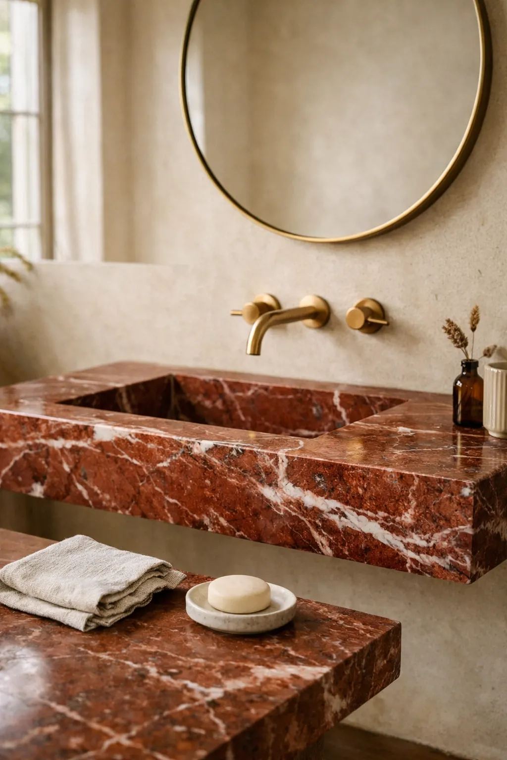 A floating bathroom vanity made from deep red marble with brass fixtures and soft natural daylight.