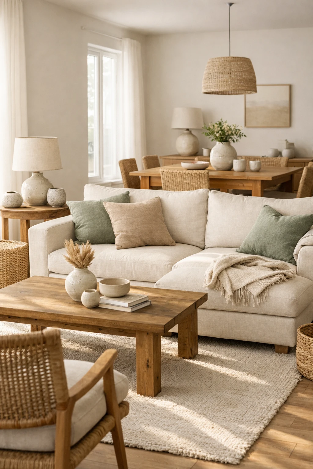 An open living room and dining room with warm white walls, cream seating, oak furniture, and muted green accents.