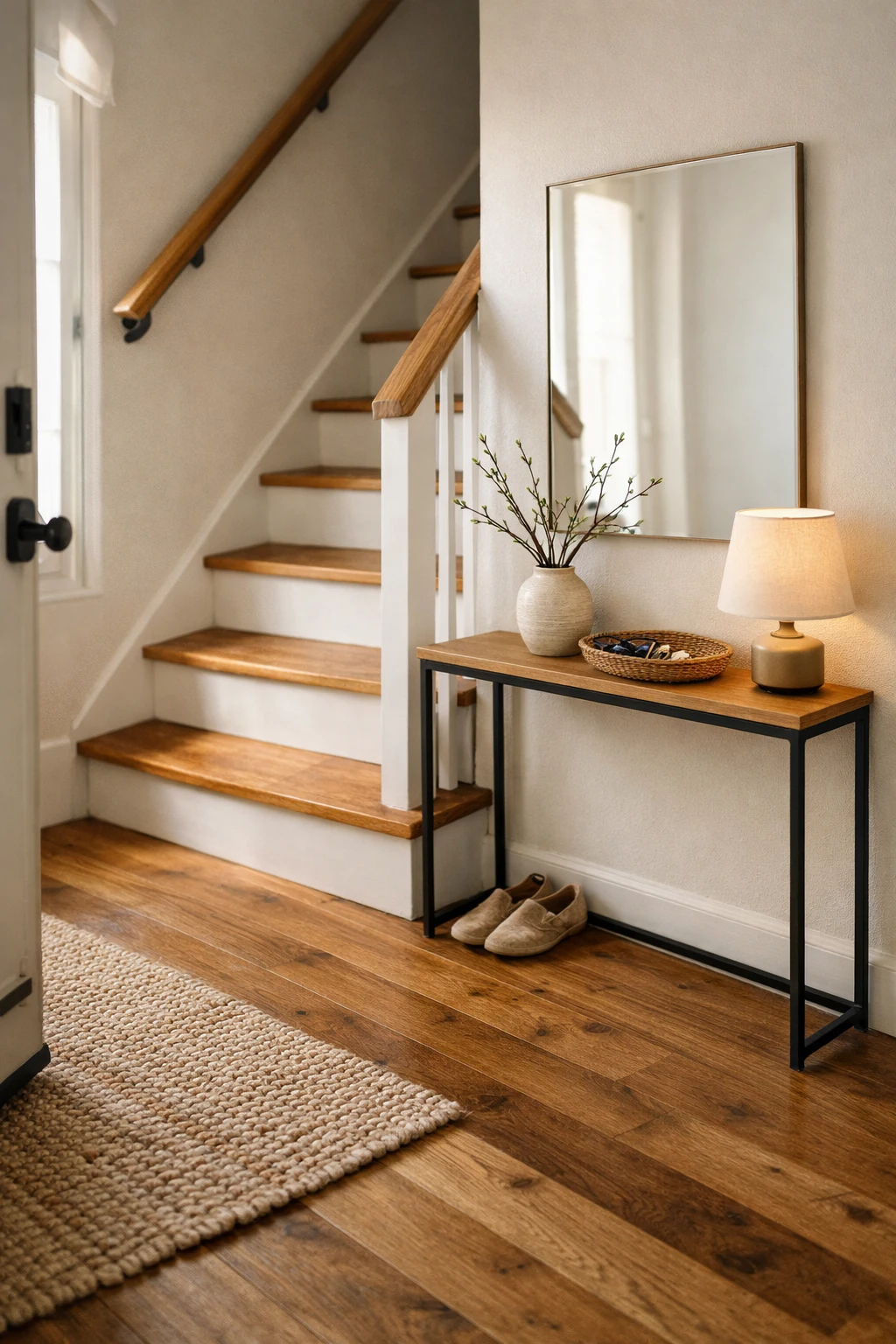 A narrow entryway with stairs featuring a slim console table, mirror, and simple decor.