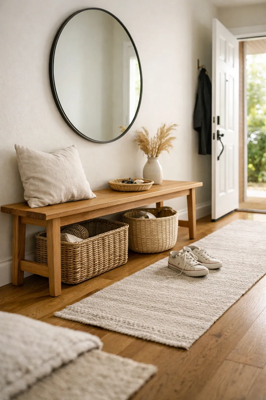 A narrow front entryway with a slim wooden bench, round mirror, woven baskets, and a soft neutral runner.