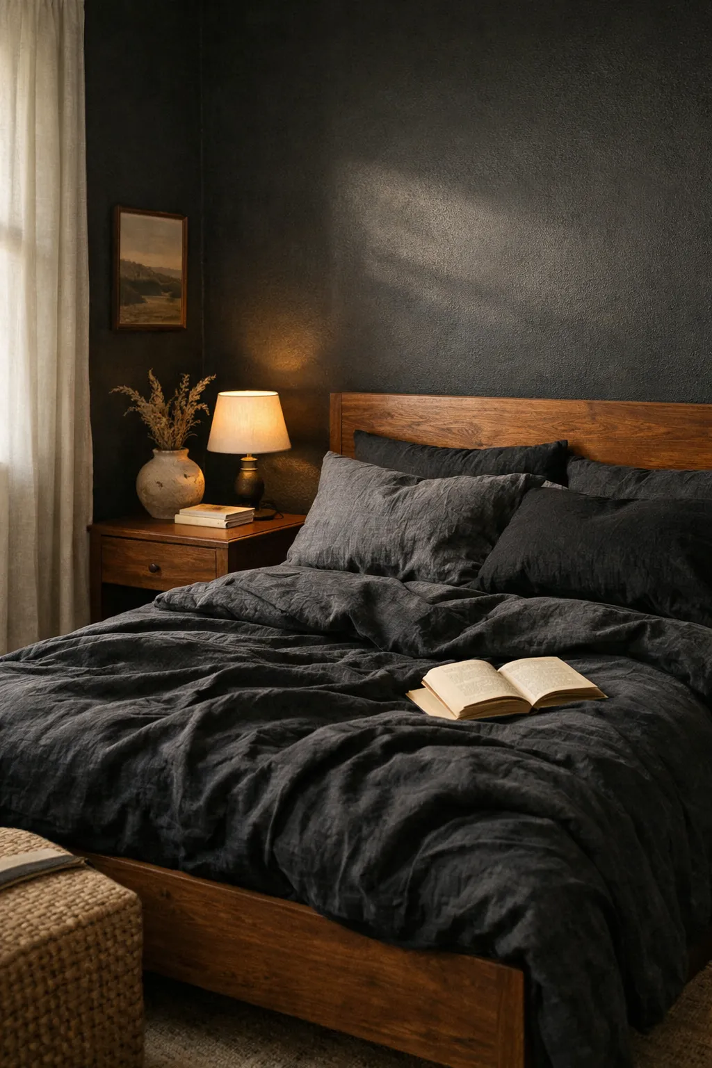 A moody bedroom with soft black walls, layered bedding, warm wood accents, and gentle lighting.