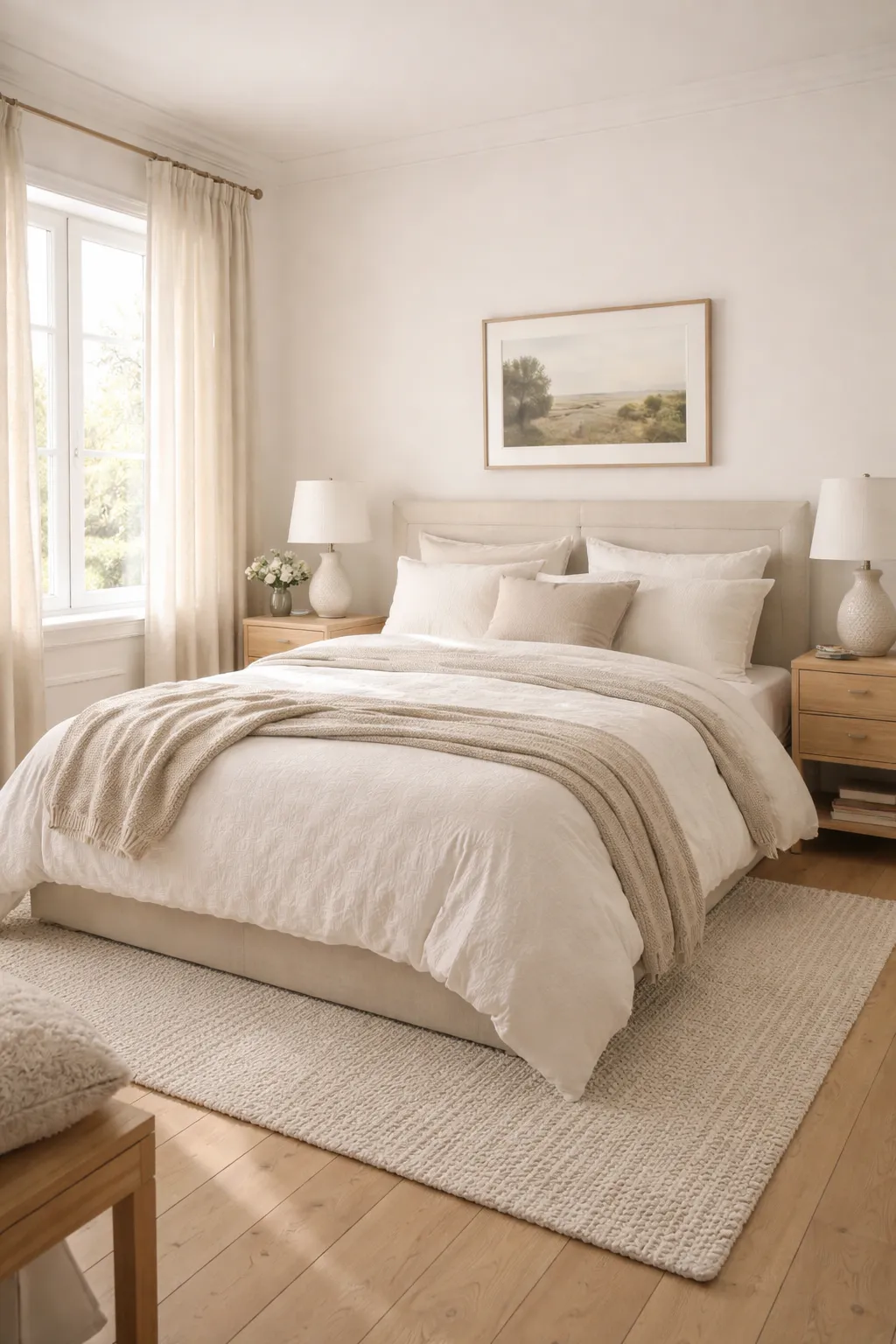 A soft neutral guest bedroom with warm white bedding, beige accents, wood furniture, and gentle daylight.