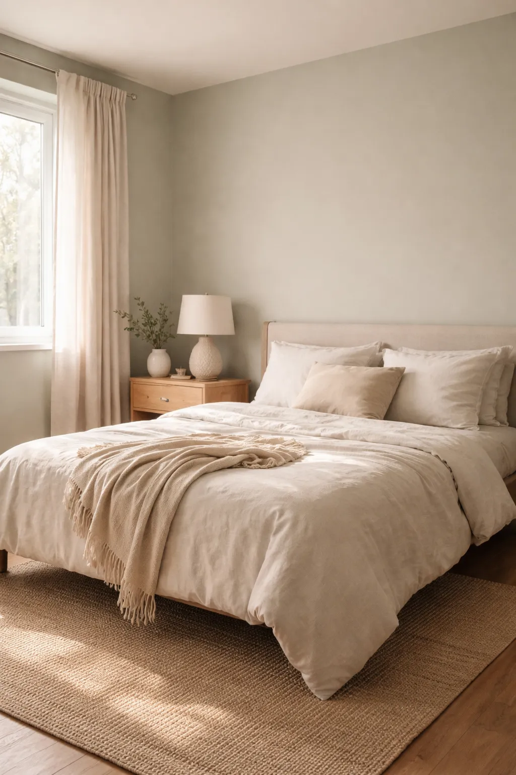A calm bedroom with soft sage green walls, white bedding, light wood furniture, and natural window light.