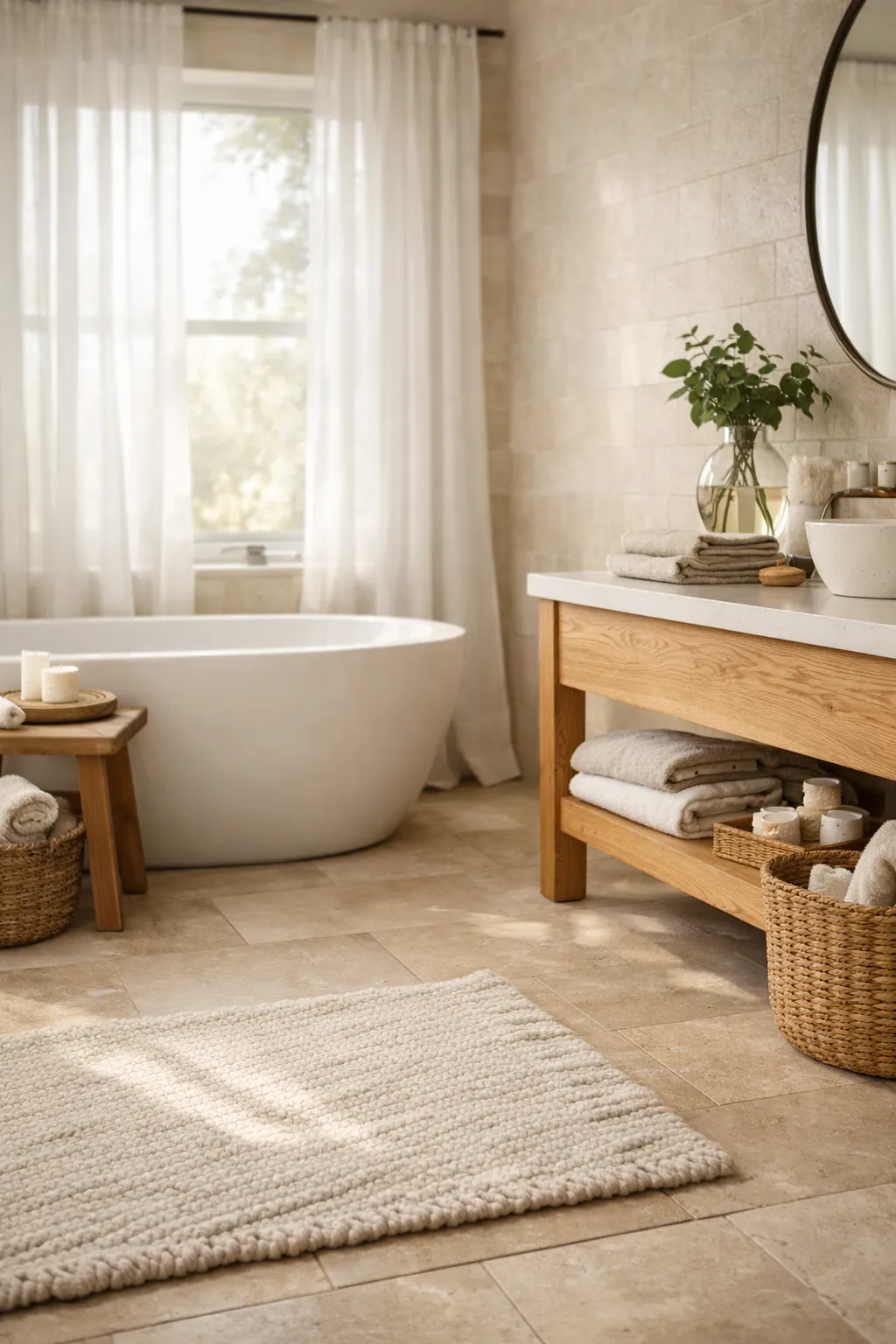 A calm spa style en suite bathroom with a freestanding tub and soft neutral tones