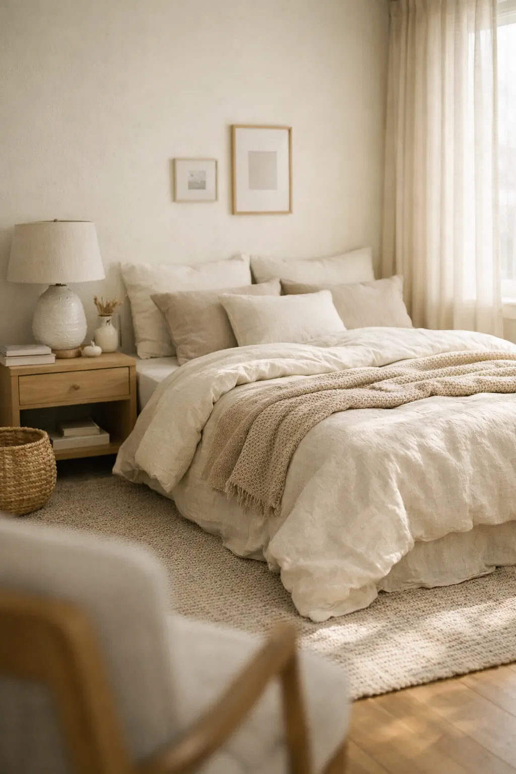 A cozy bedroom with warm white walls, beige bedding, light wood furniture, and soft natural daylight.