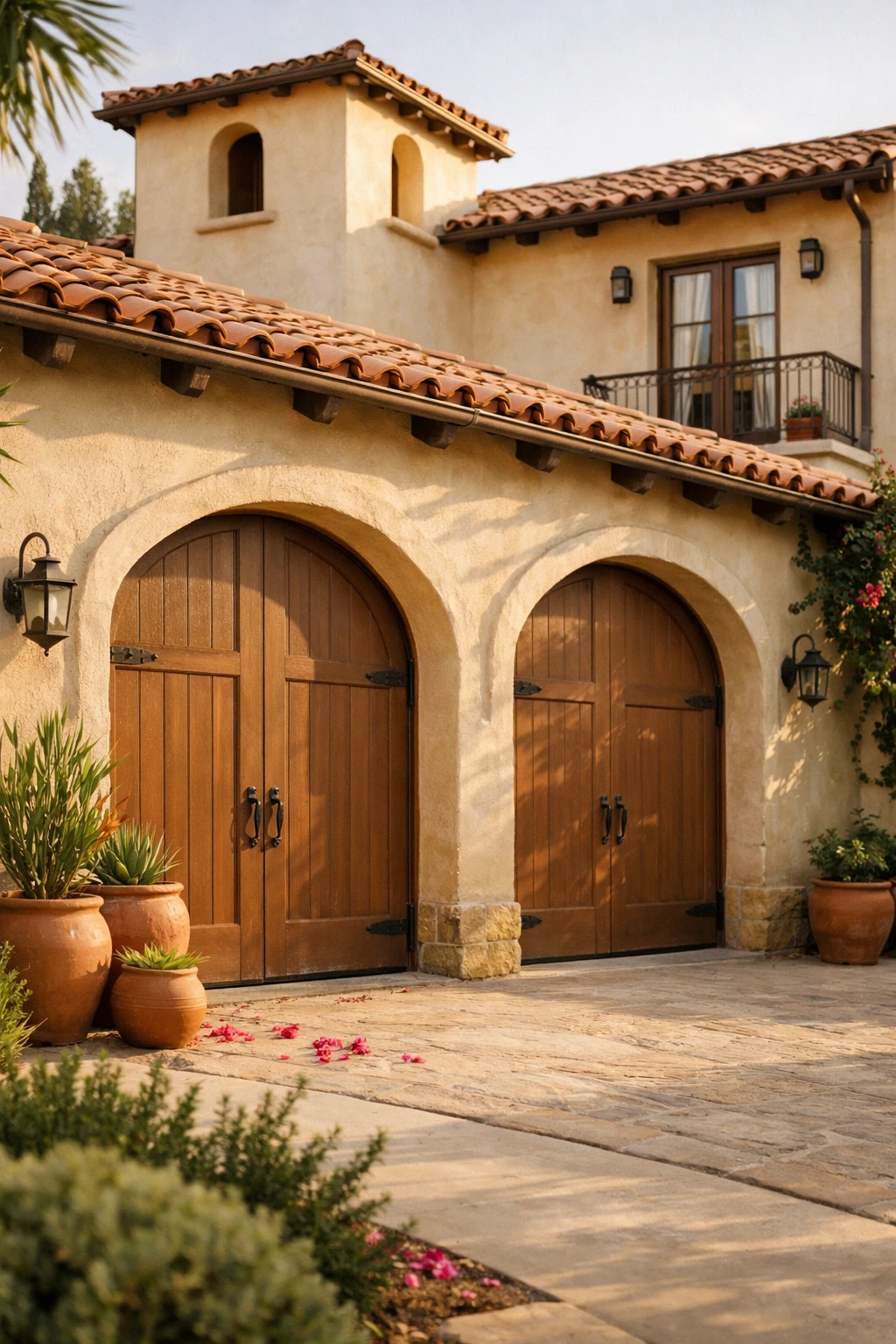 A Mediterranean-style home with arched top garage doors and warm stucco walls.