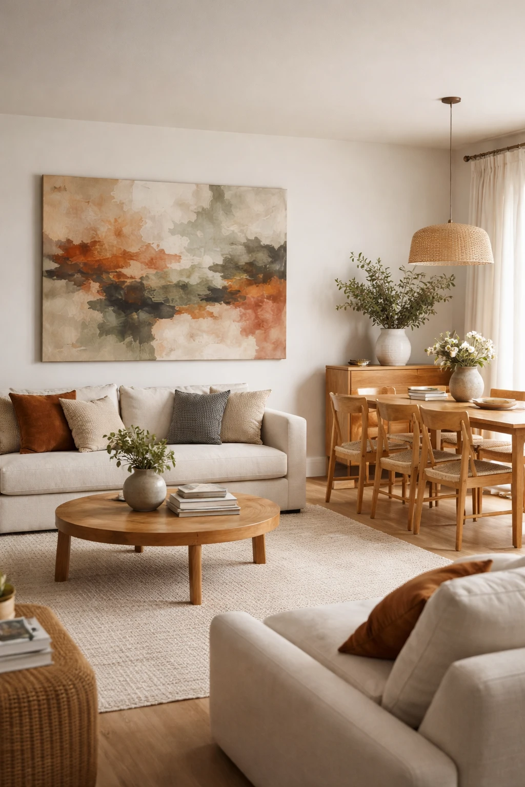 An open room with earthy abstract wall art connecting the colors of the living and dining spaces.