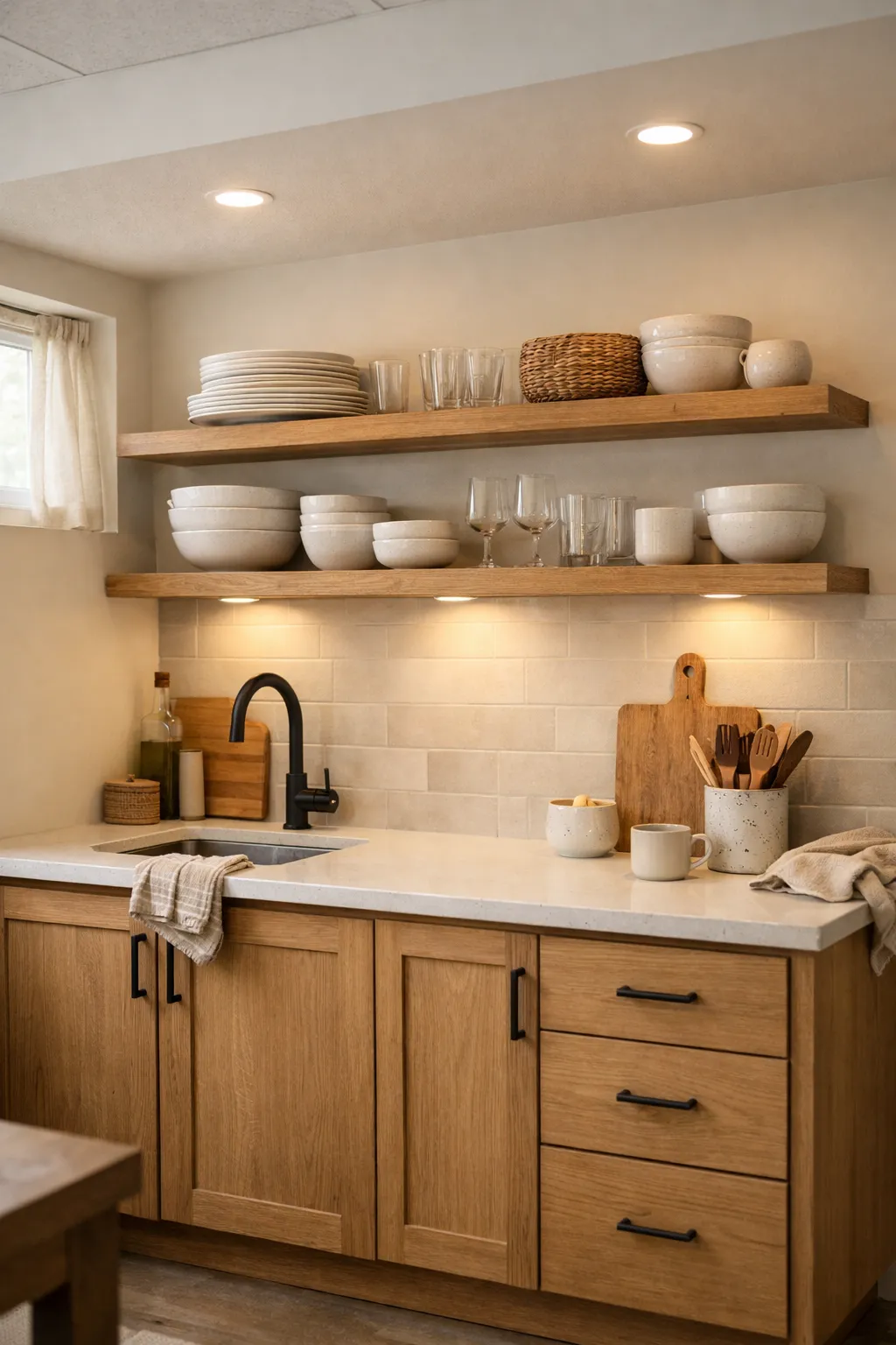A light basement kitchenette with open shelves displaying dishes and simple everyday styling.