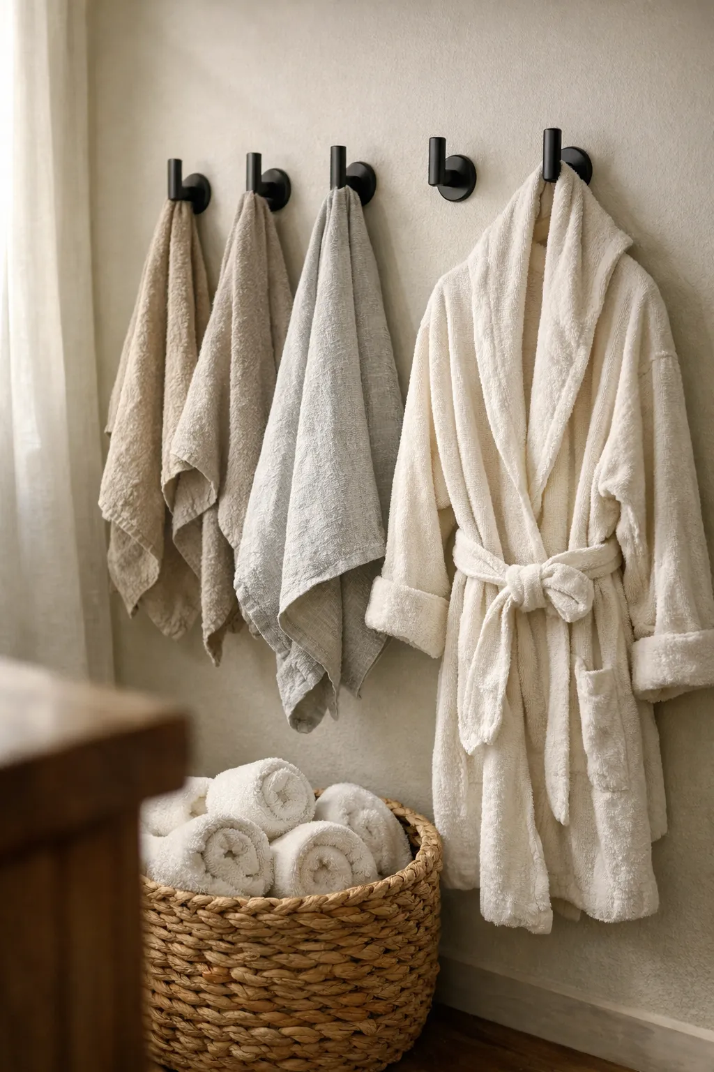 Bathroom wall with metal hooks holding towels and a robe.