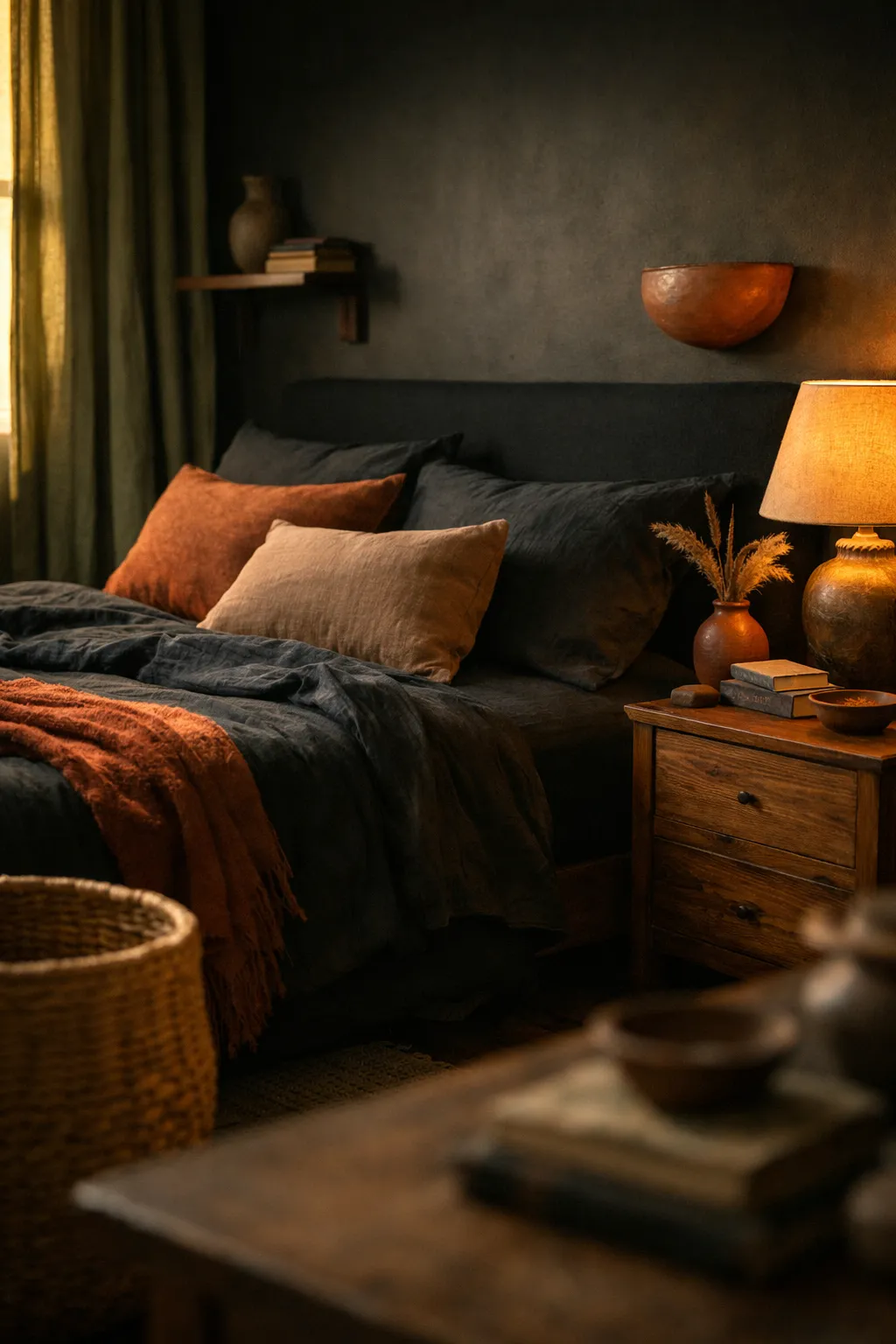 A dark bedroom with black walls and earthy accents like rust, olive, and brown textiles.