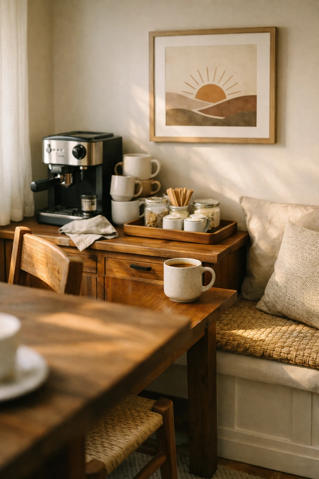 A cozy breakfast nook coffee bar beside a table with mugs, shelves, and warm home decor.