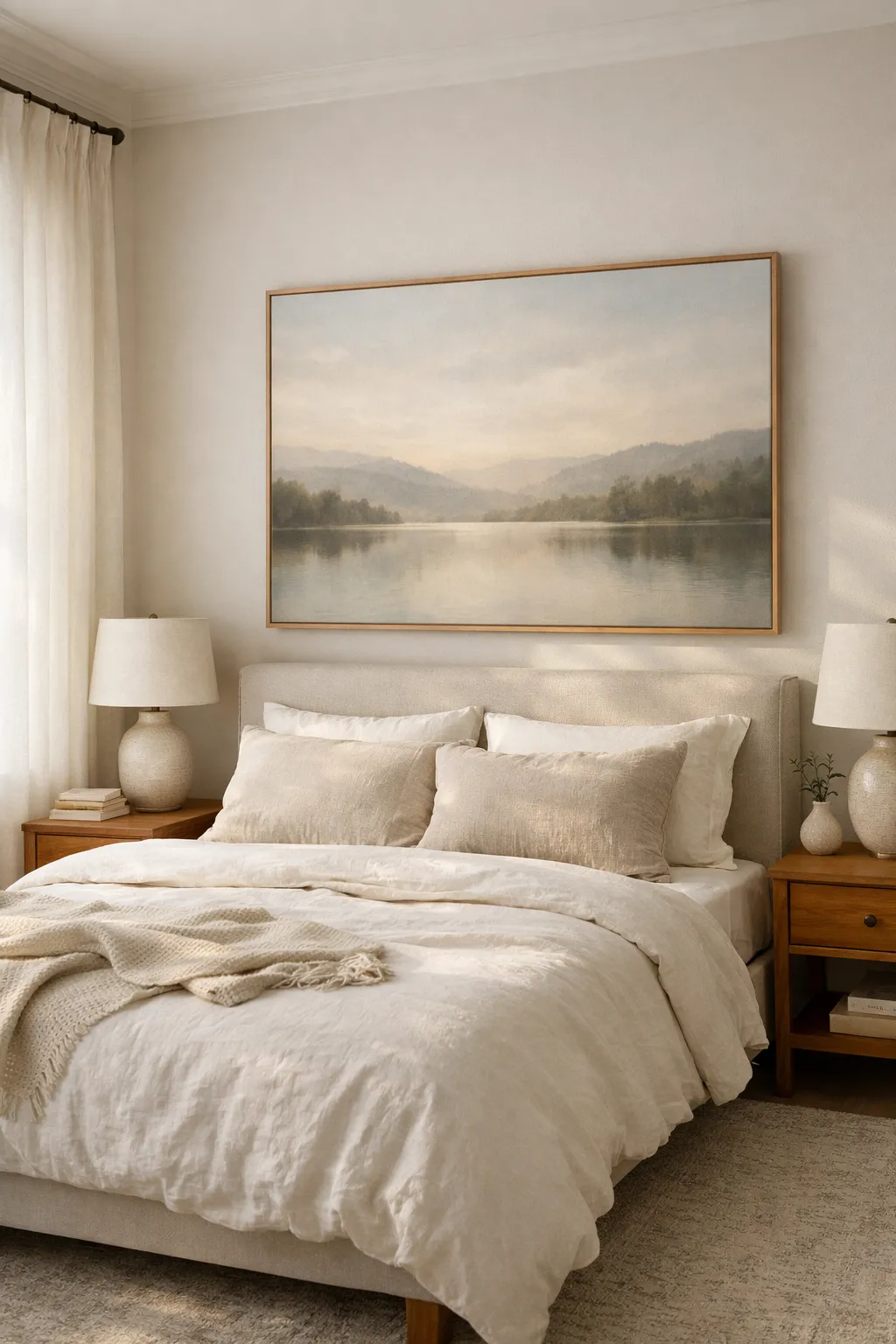 A guest bedroom with simple framed wall art above the bed, soft bedding, and a calm neutral palette.