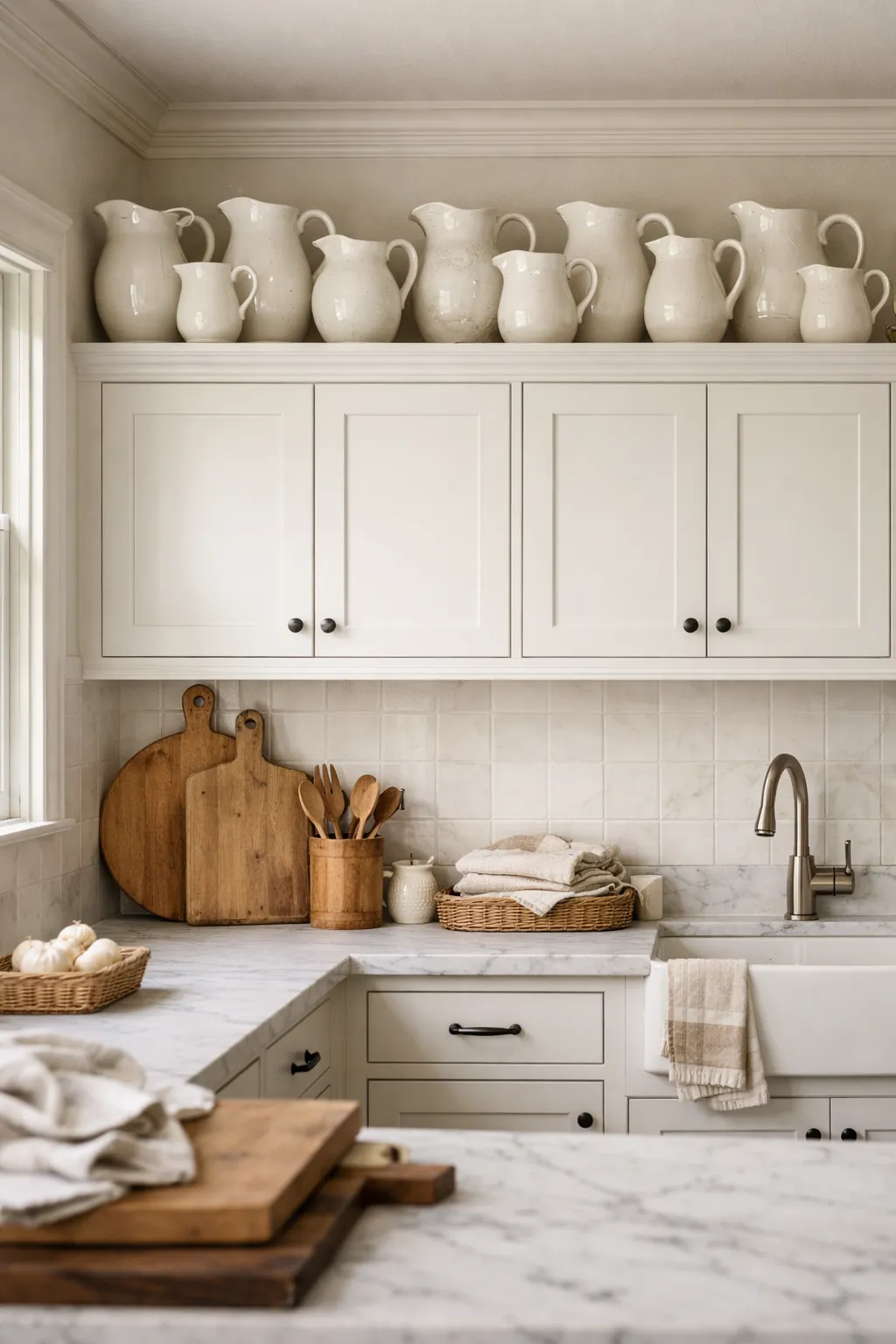 White ceramic pitchers displayed above kitchen cabinets.