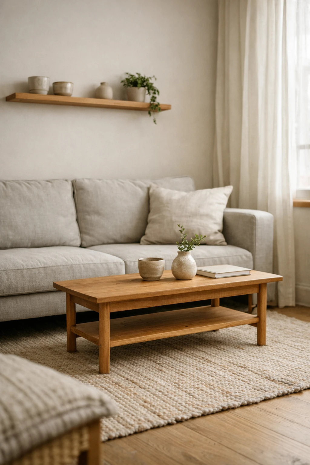 Small urban Japandi living room with slim furniture and minimalist decor.
