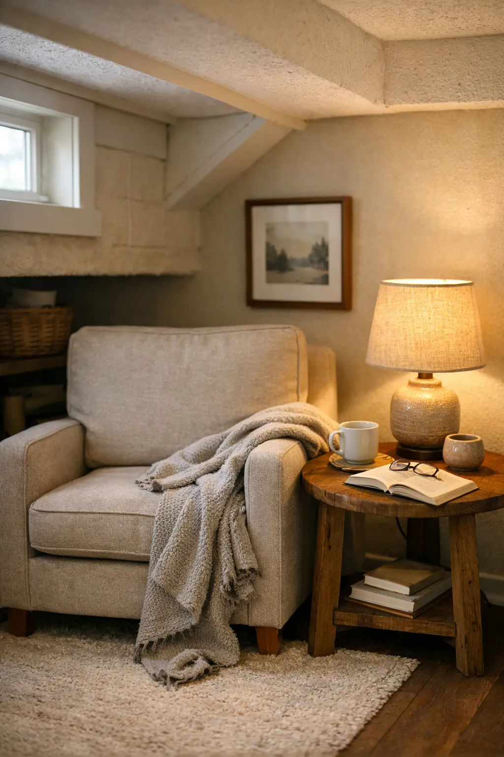 A basement reading nook with a soft chair, lamp, side table, and warm layered textures.
