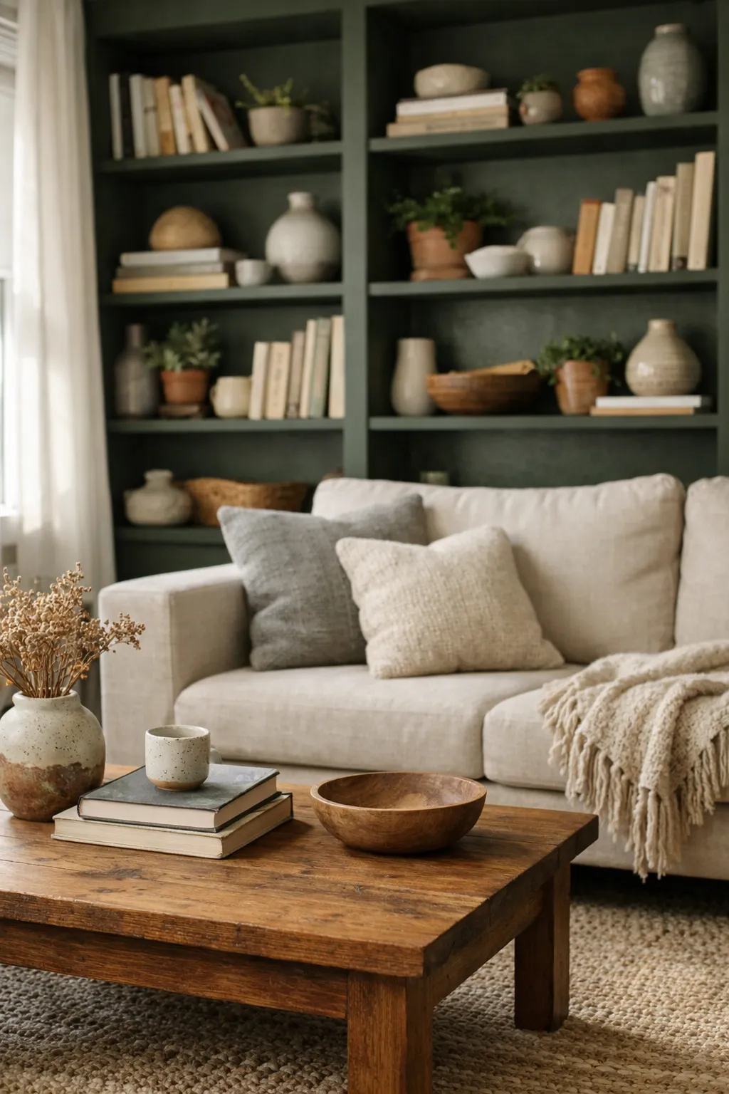 Living room with dark green built-in shelves and neutral seating.