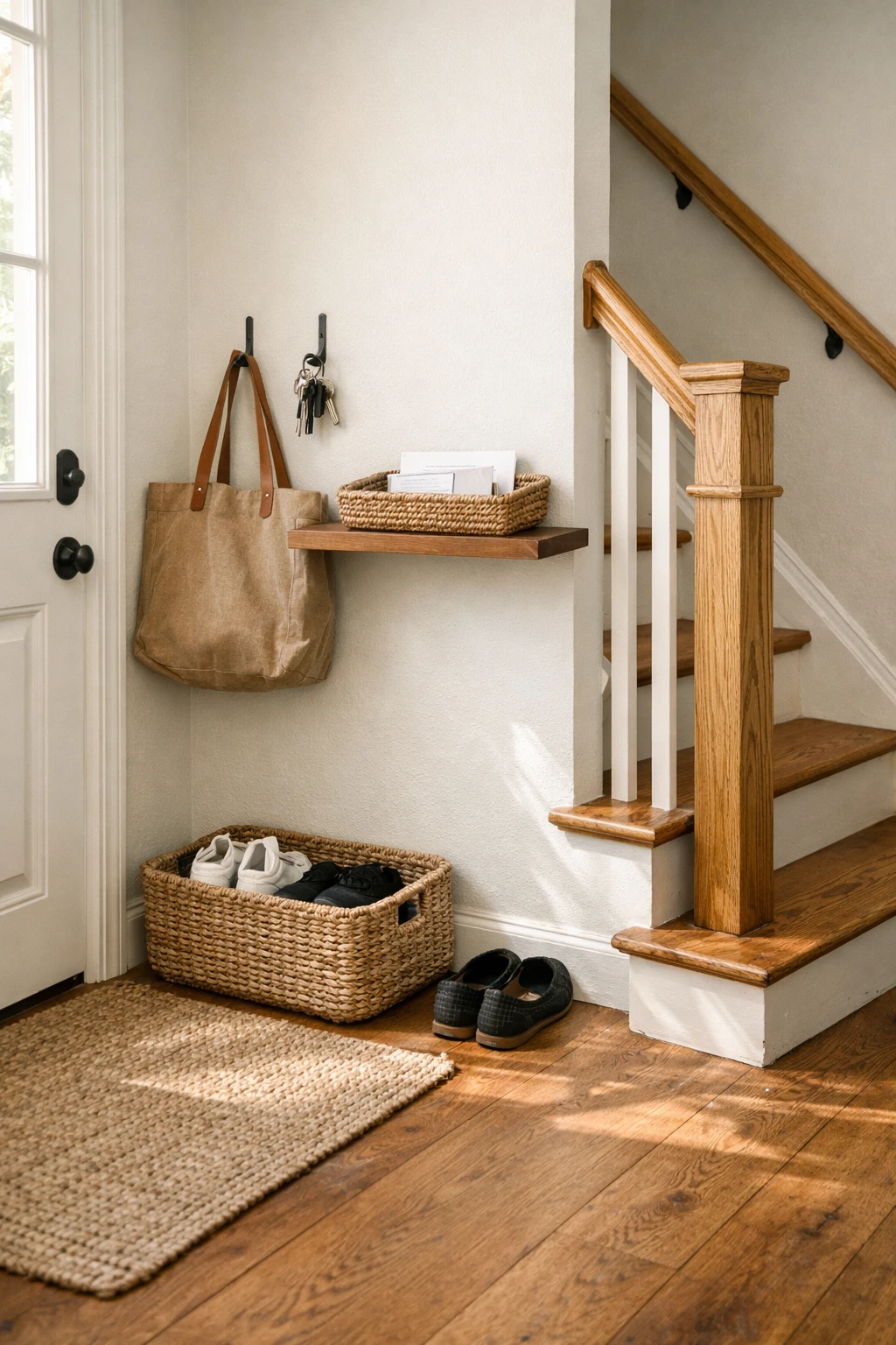 A narrow entryway with stairs and a compact drop zone for keys, shoes, and bags.