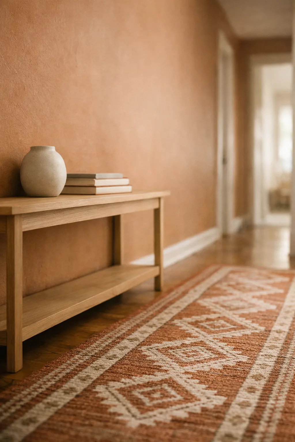 Clay-toned hallway walls styled with wooden console and woven accents.