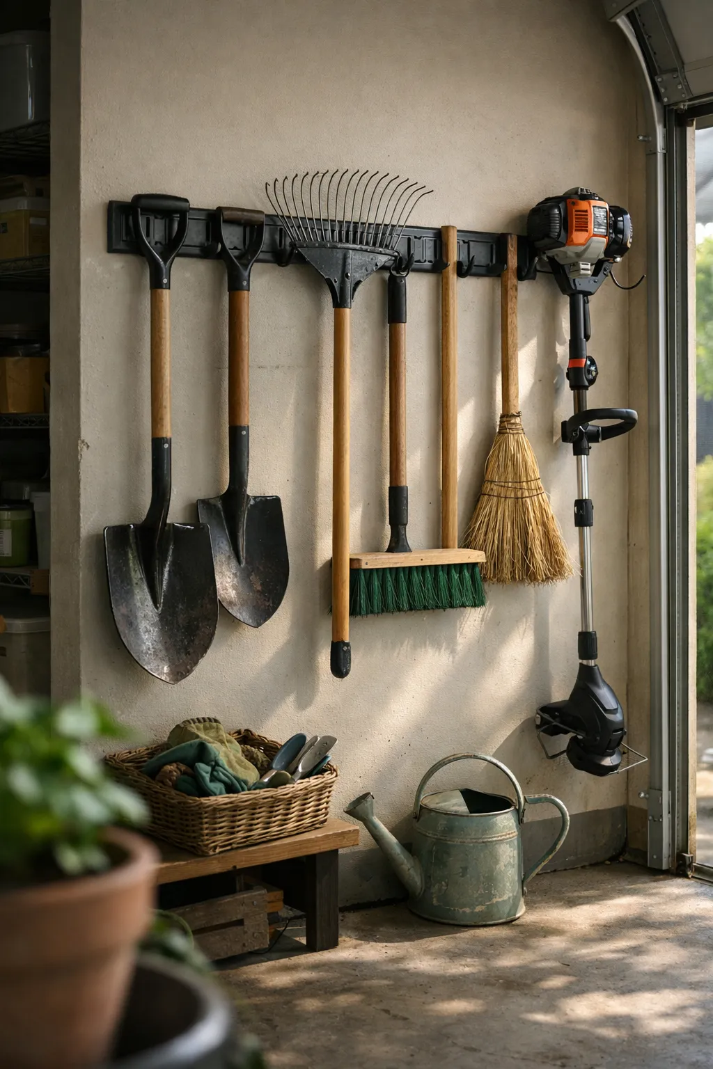Garden tools hanging neatly on wall hooks inside an organized garage.