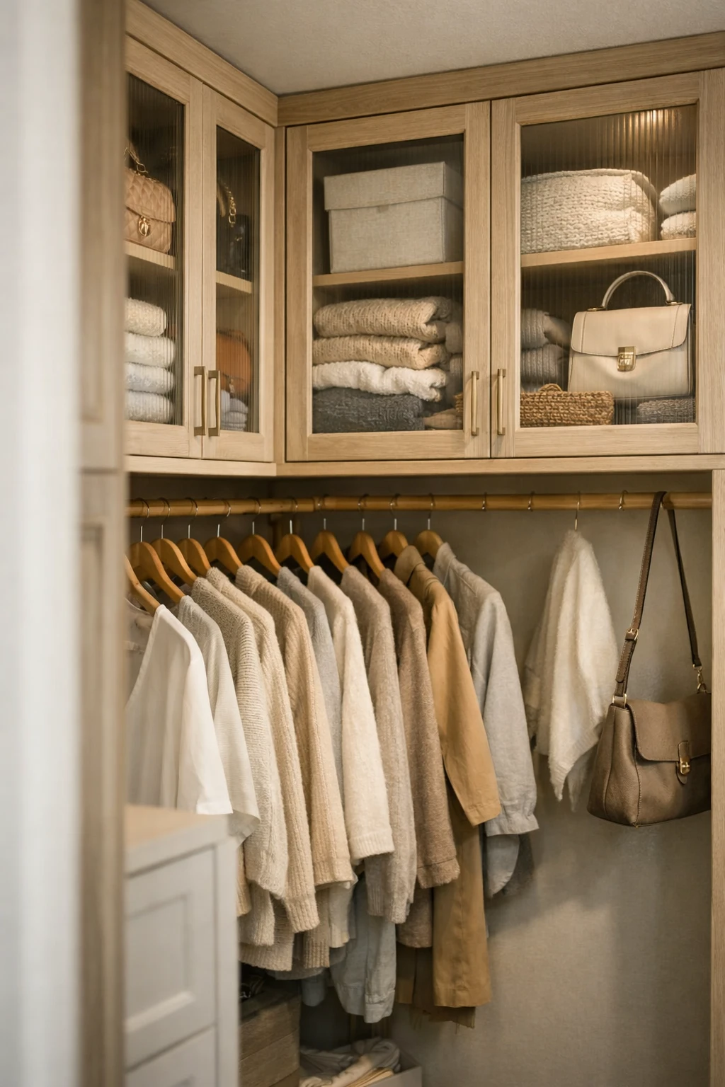 A small walk-in corner closet with glass-front upper cabinets and organized neutral storage.
