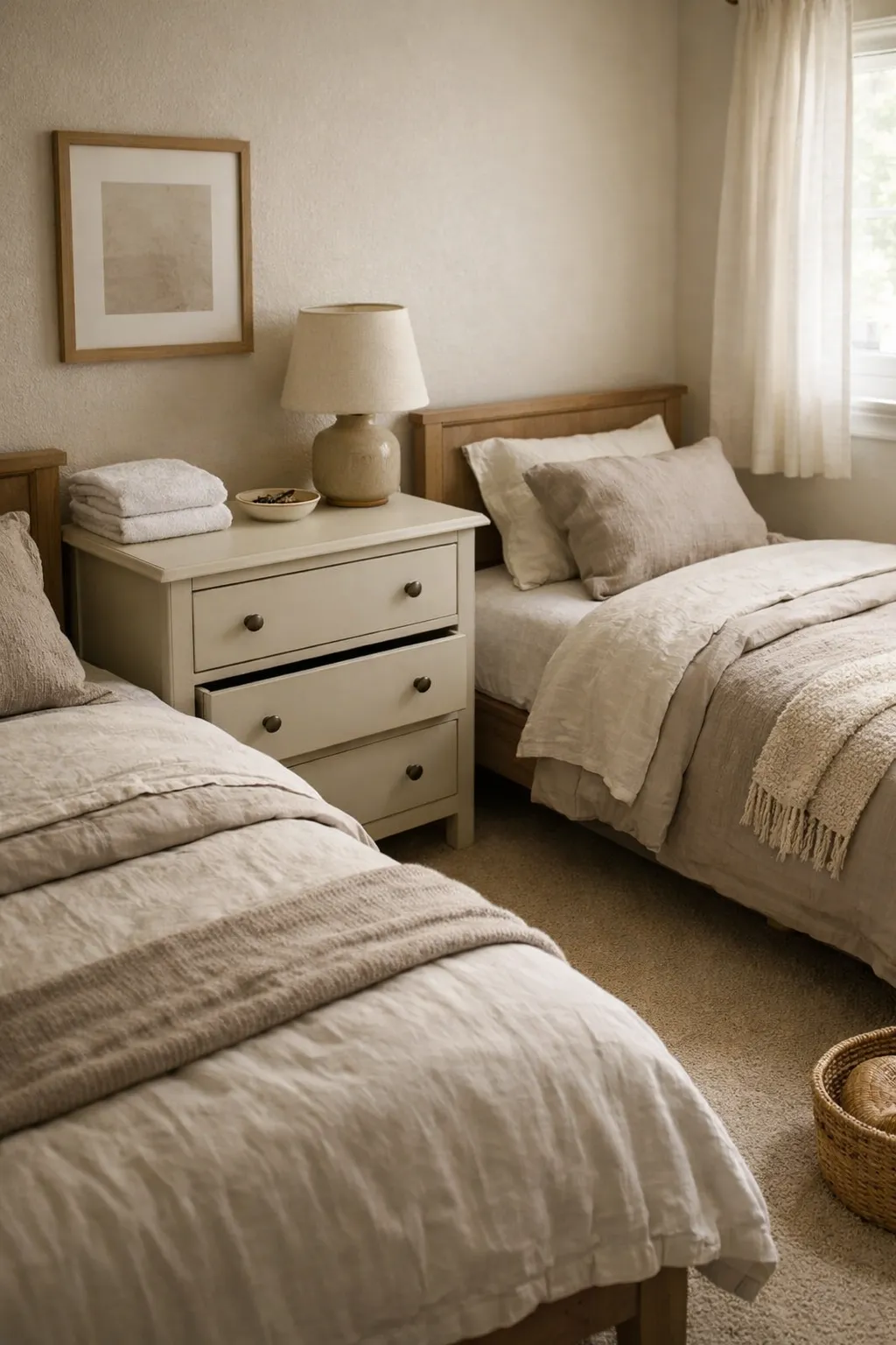 A small dresser or storage chest adds useful organization to a cozy twin bed guest room.