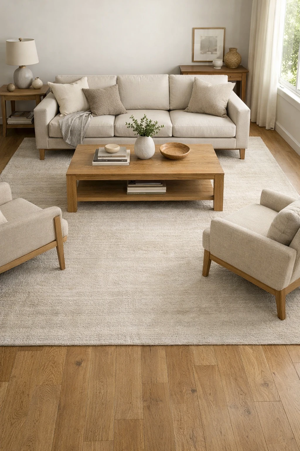 A luxury living room with a large area rug grounding the sofa and chairs in one cohesive layout.
