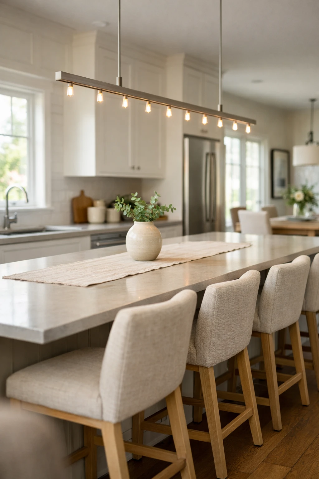 Modern linear chandelier above a long open-concept kitchen island