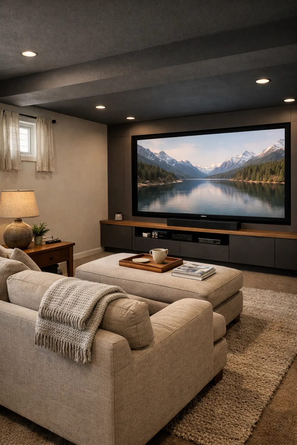 A basement theater with a low ceiling, dark finishes, and smart lighting design.