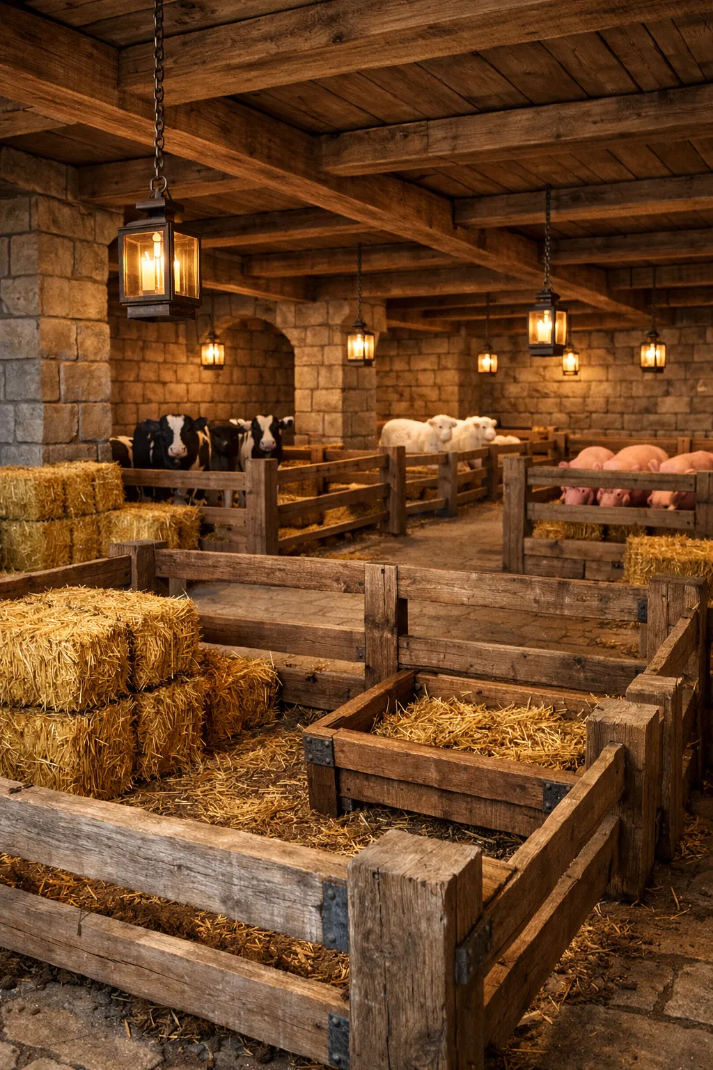 underground Minecraft animal stable with fenced pens and hay bales