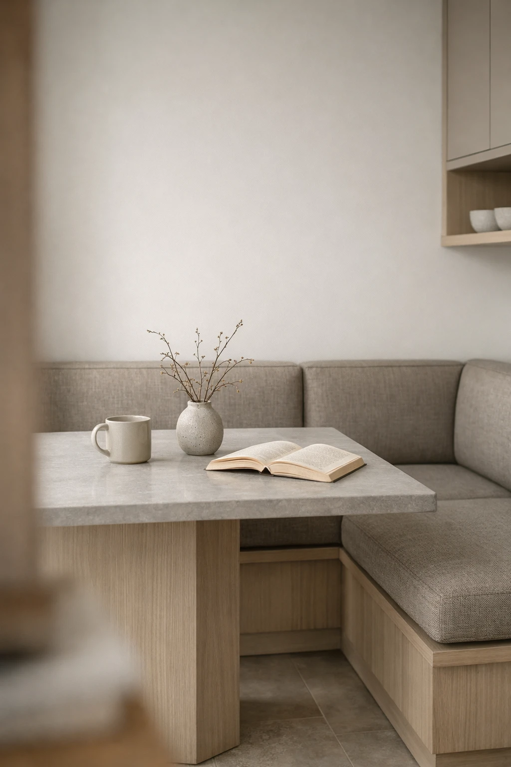 A modern kitchen banquette with clean lines, muted tones, and minimal decor.