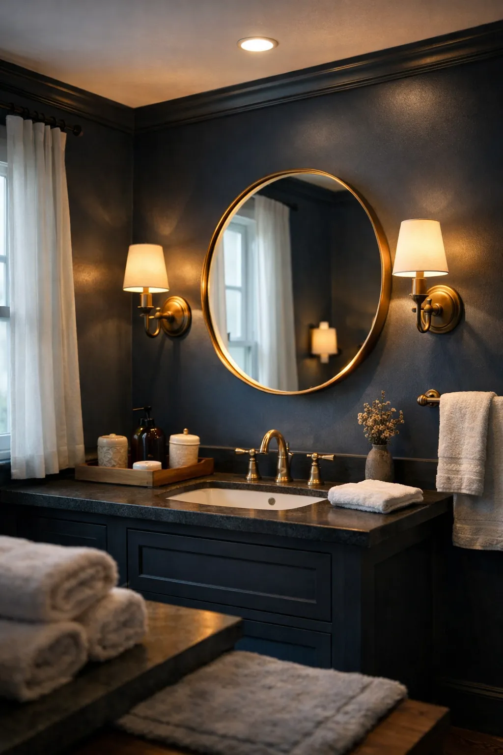 A moody blue bathroom with sconces, soft ambient lighting, and a warm balanced atmosphere.