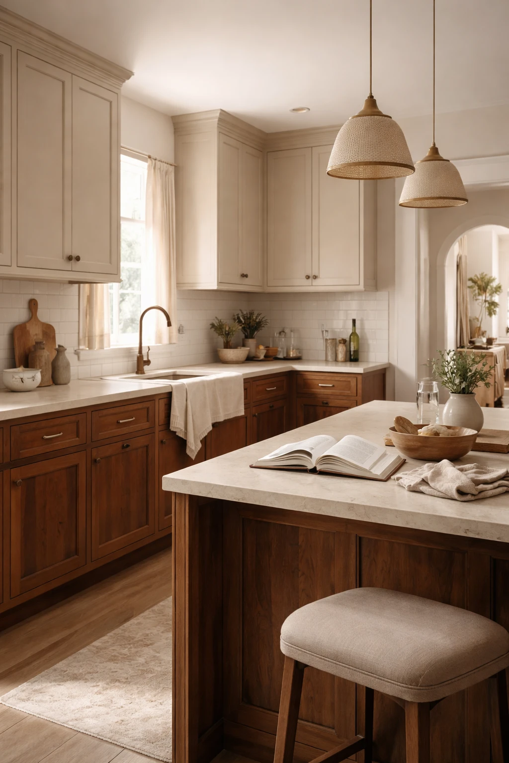 A warm kitchen with mushroom-painted cabinets, walnut cabinetry, stone counters, and soft interior light.