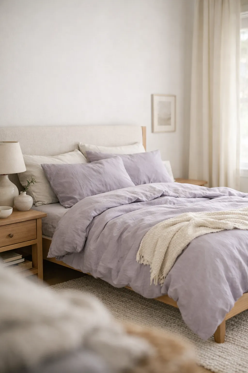 A gentle bedroom with muted lavender bedding, soft white walls, and natural wood decor.