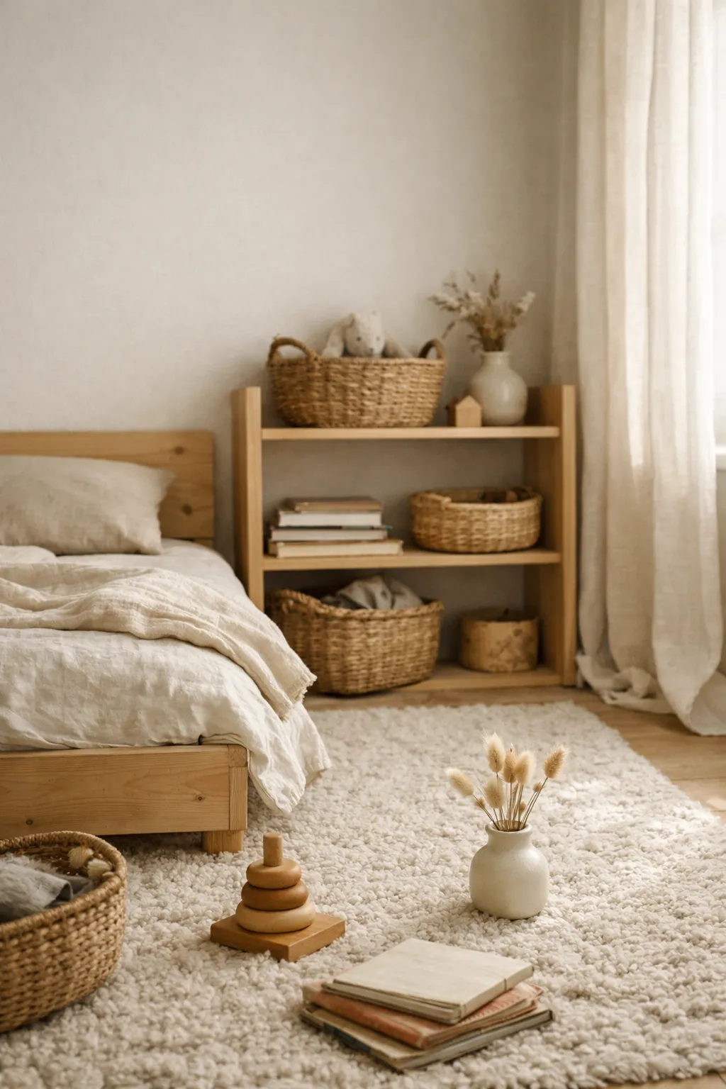 A Montessori children’s bedroom with wood furniture, woven baskets, linen bedding, and soft natural textures.