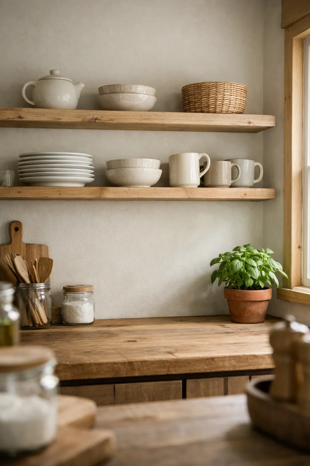 Small cabin kitchen with wooden open shelves and neutral dishware
