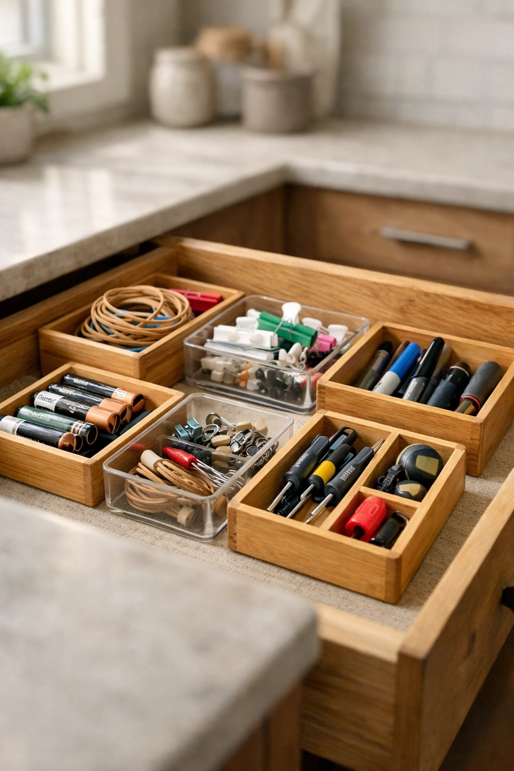 Kitchen junk drawer organized with small bins holding clips, batteries, and tools.
