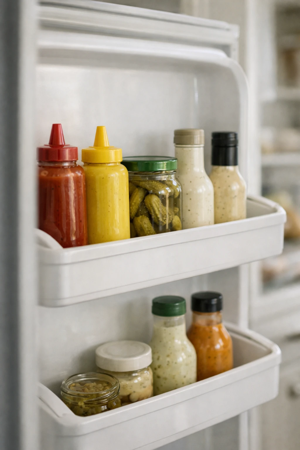 Fridge door shelves neatly arranged with condiments
