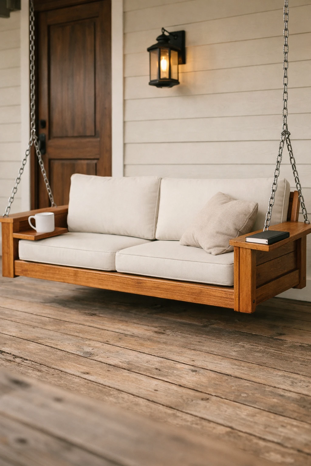 A practical front porch swing with built-in side ledges, neutral cushions, and a relaxed everyday setup.