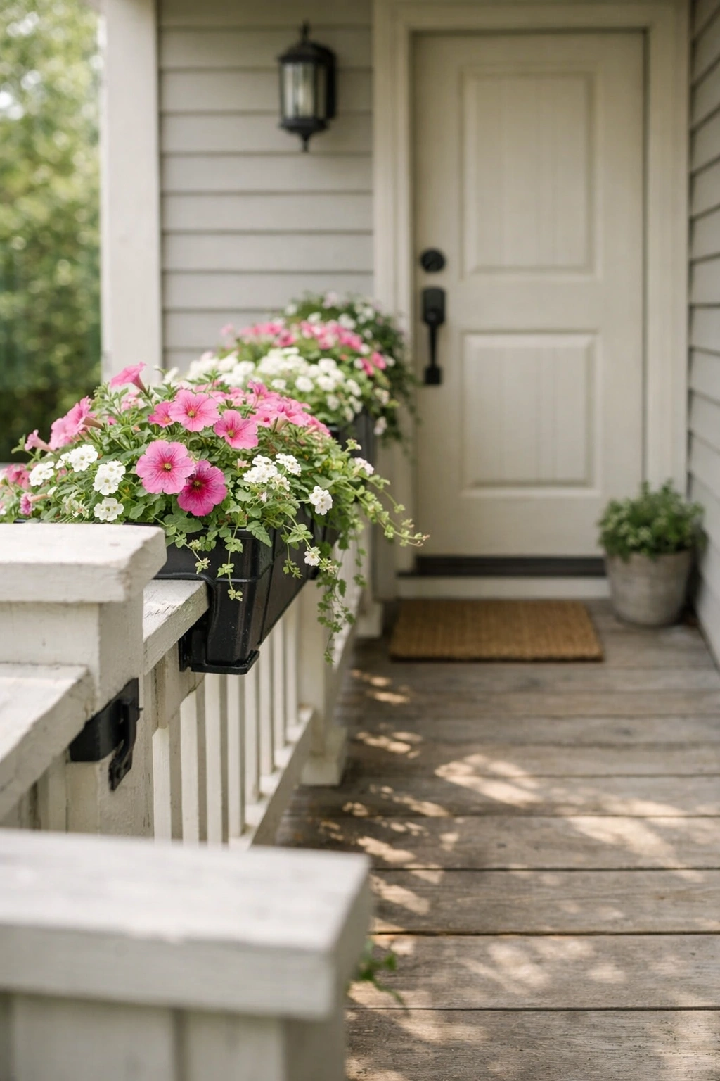 Flower-filled railing planters add color to a narrow front porch without using floor space.