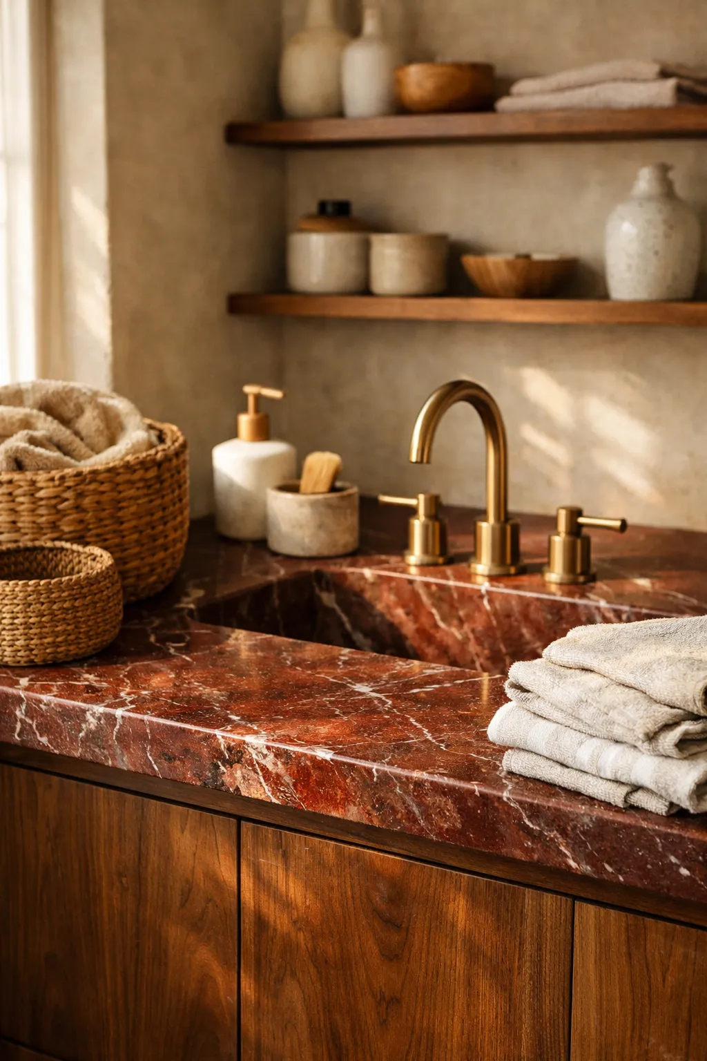Bathroom vanity combining red marble countertop with warm natural wood cabinetry.