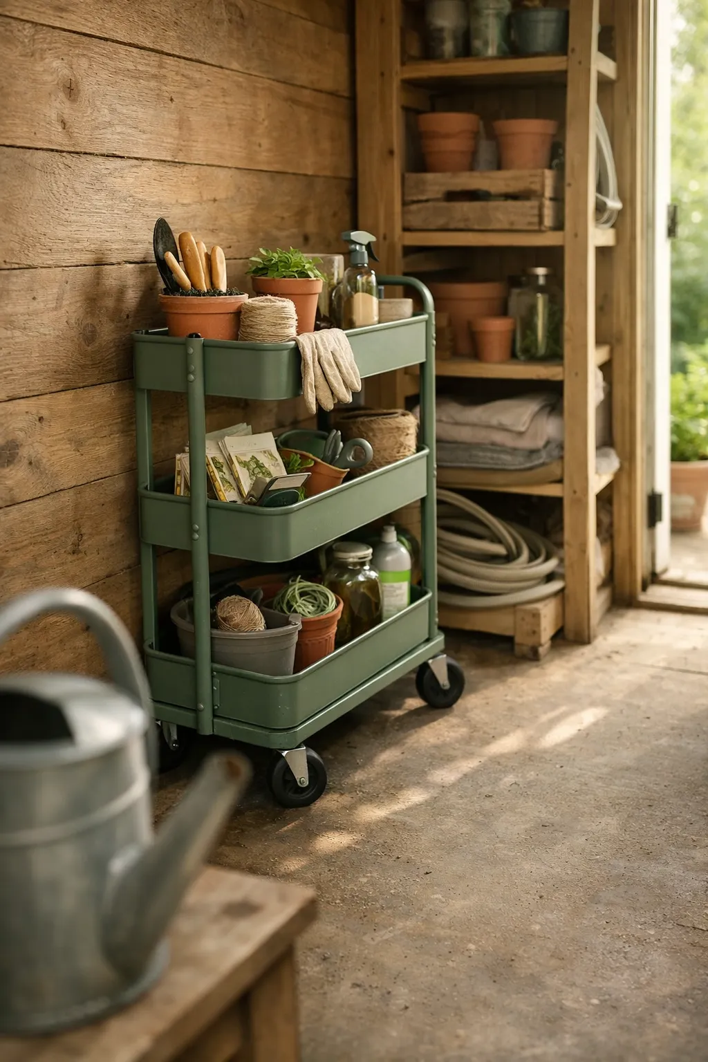 Slim rolling storage cart inside organized backyard shed.