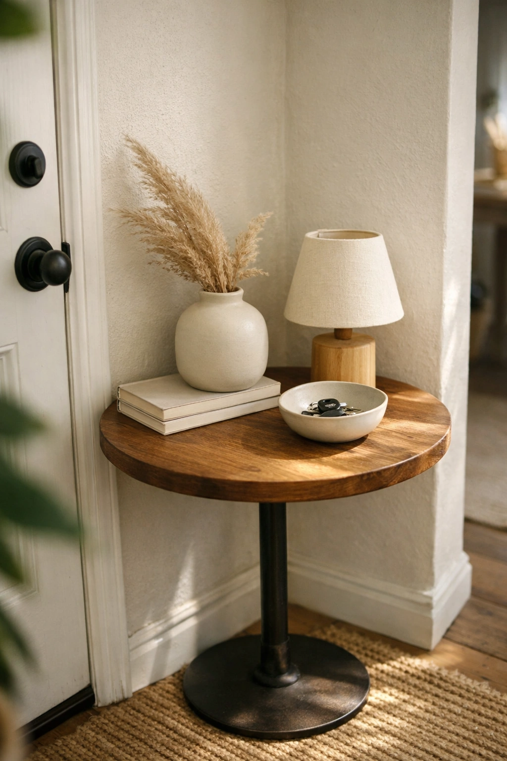 A small home entrance with a round accent table styled with simple decor.