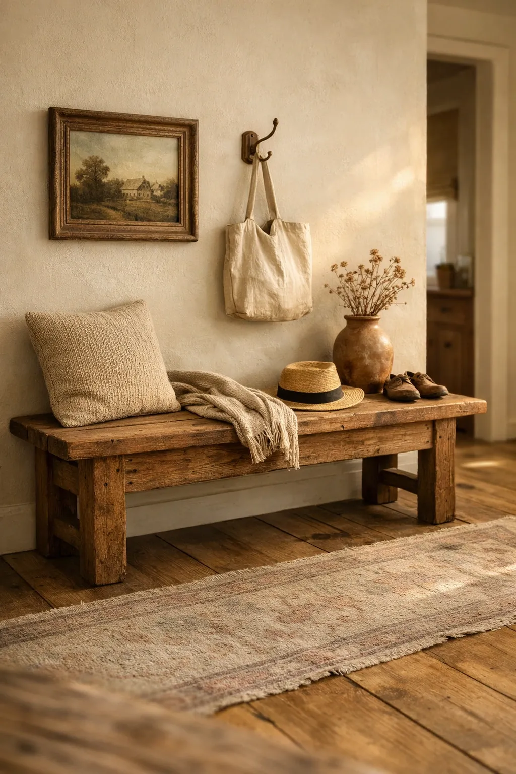 A rustic wood bench in a front entryway with vintage accents, a muted rug, and natural textures.